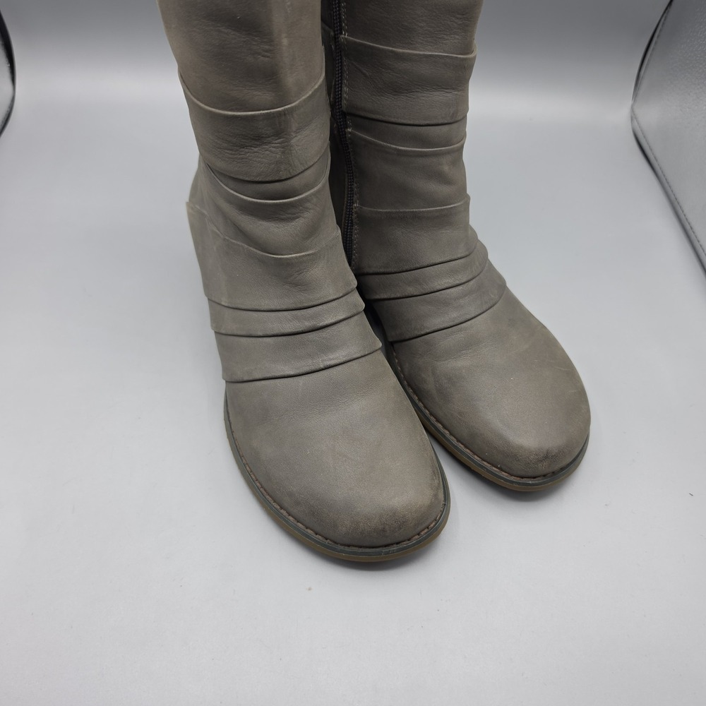 MIZ MOOZ Porter Boots Womens 8 Gray Leather Knee High Wedge Heel Ruched Zipper - Picture 2 of 13